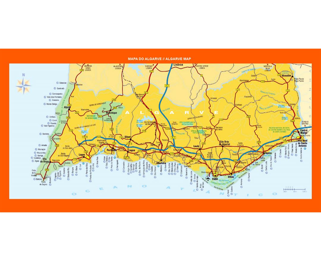 Large detailed road map of Algarve with cities and other marks, Algarve, Portugal, Europe, Mapsland