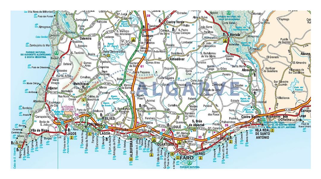 Road map of Algarve with cities and airports