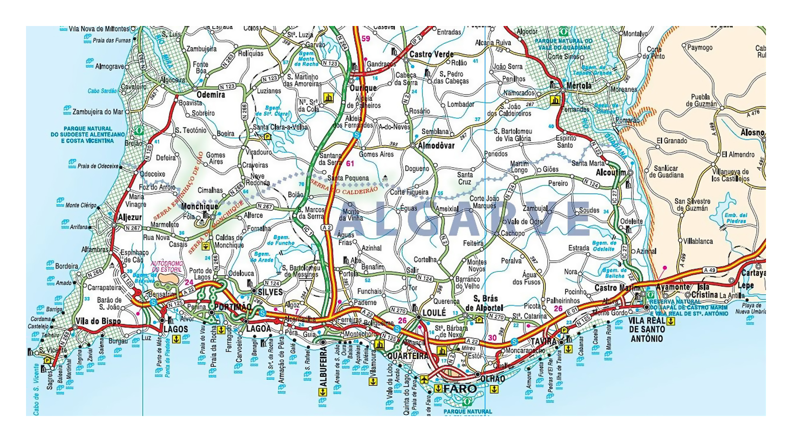 Road map of Algarve with cities and airports | Algarve | Portugal