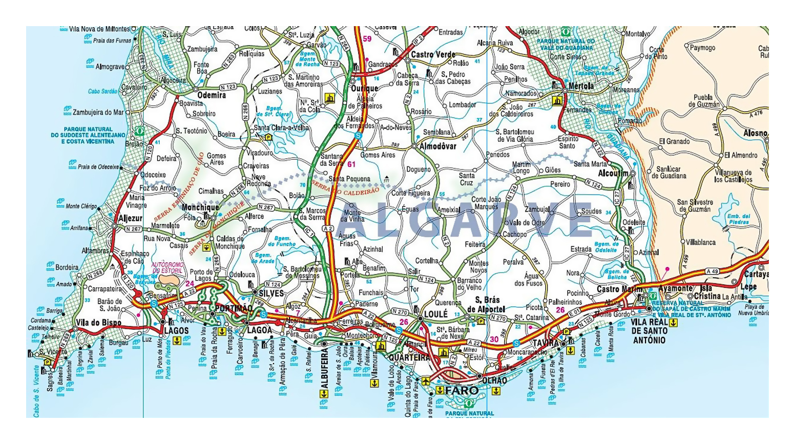 Road map of Algarve with cities and airports, Algarve, Portugal, Europe, Mapsland