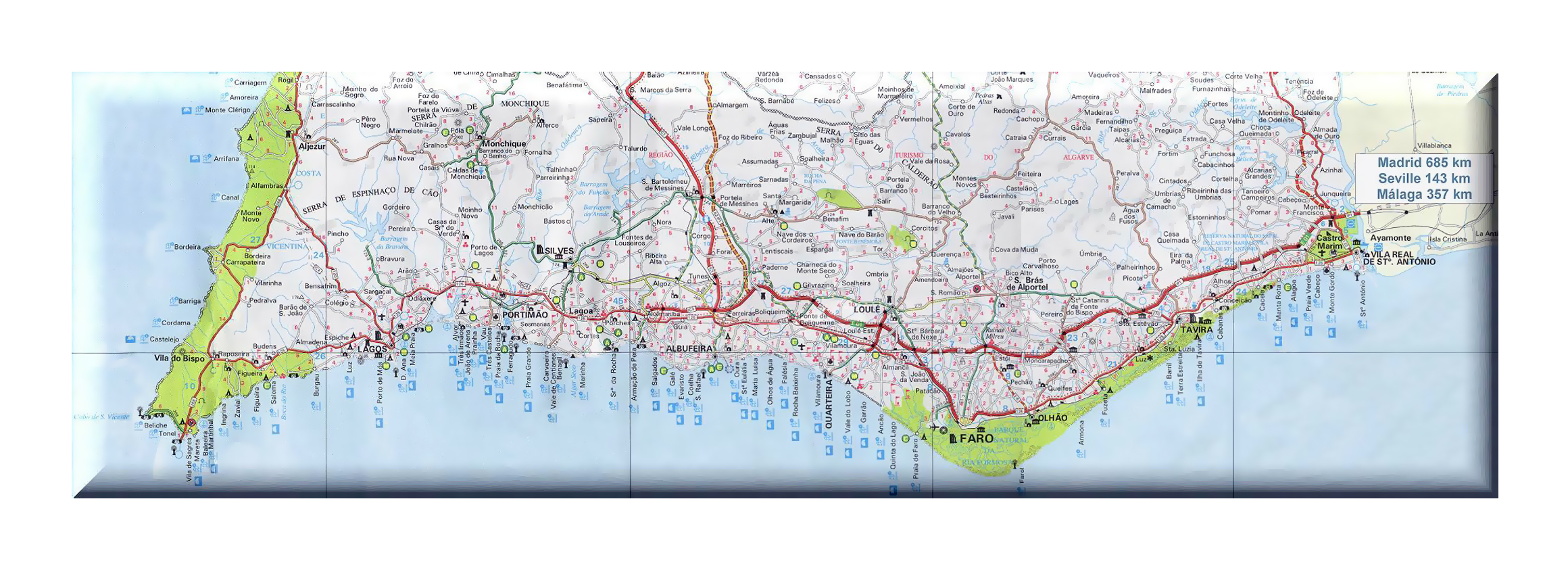 Road map of Algarve with cities and other marks, Algarve, Portugal, Europe, Mapsland