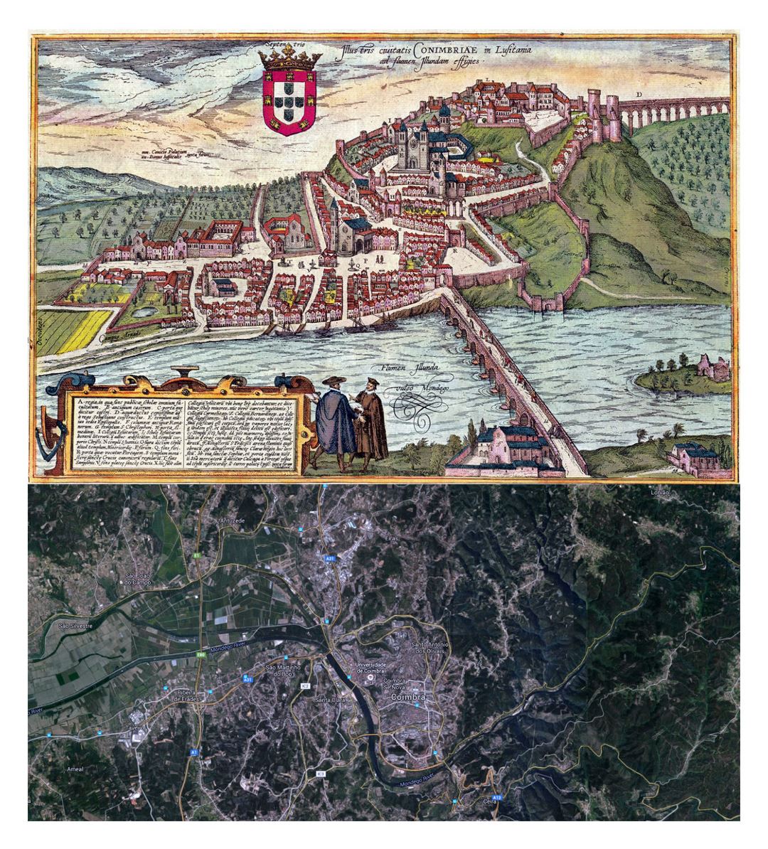 Detailed old and new map of Coimbra city - 1598-2016