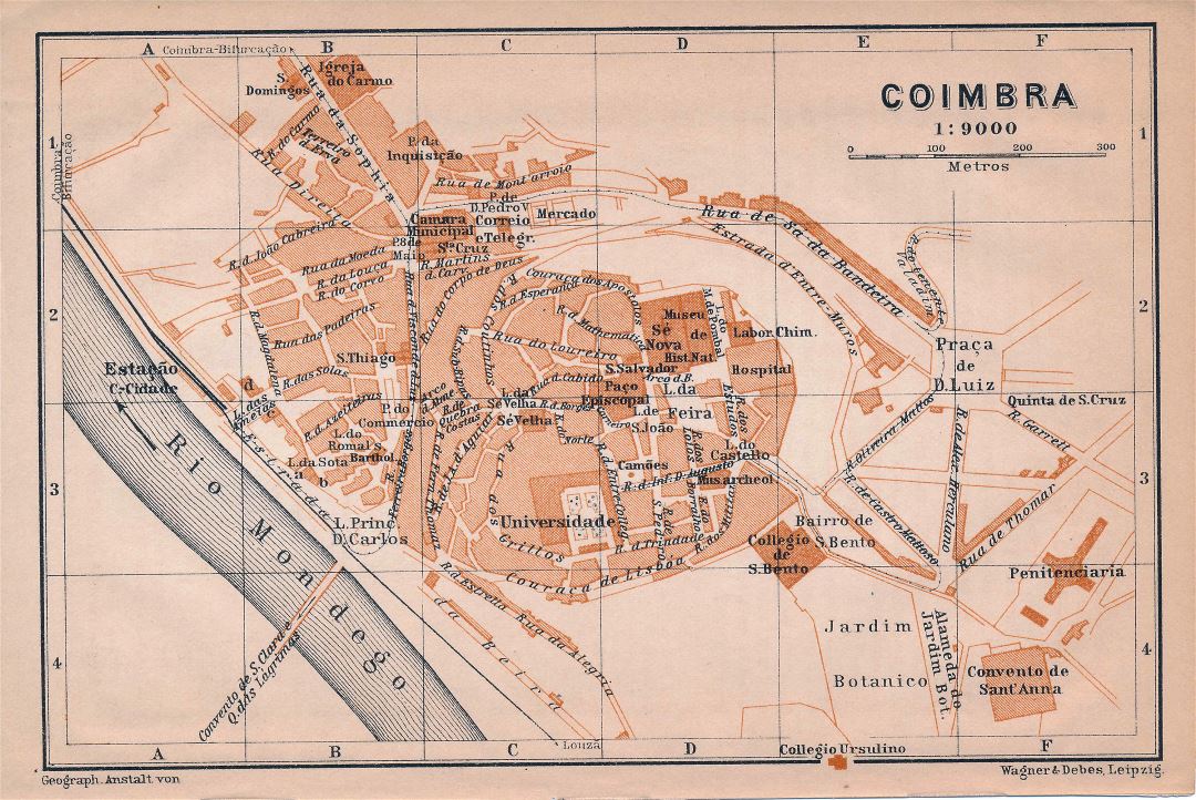 Large old map of Coimbra city - 1908