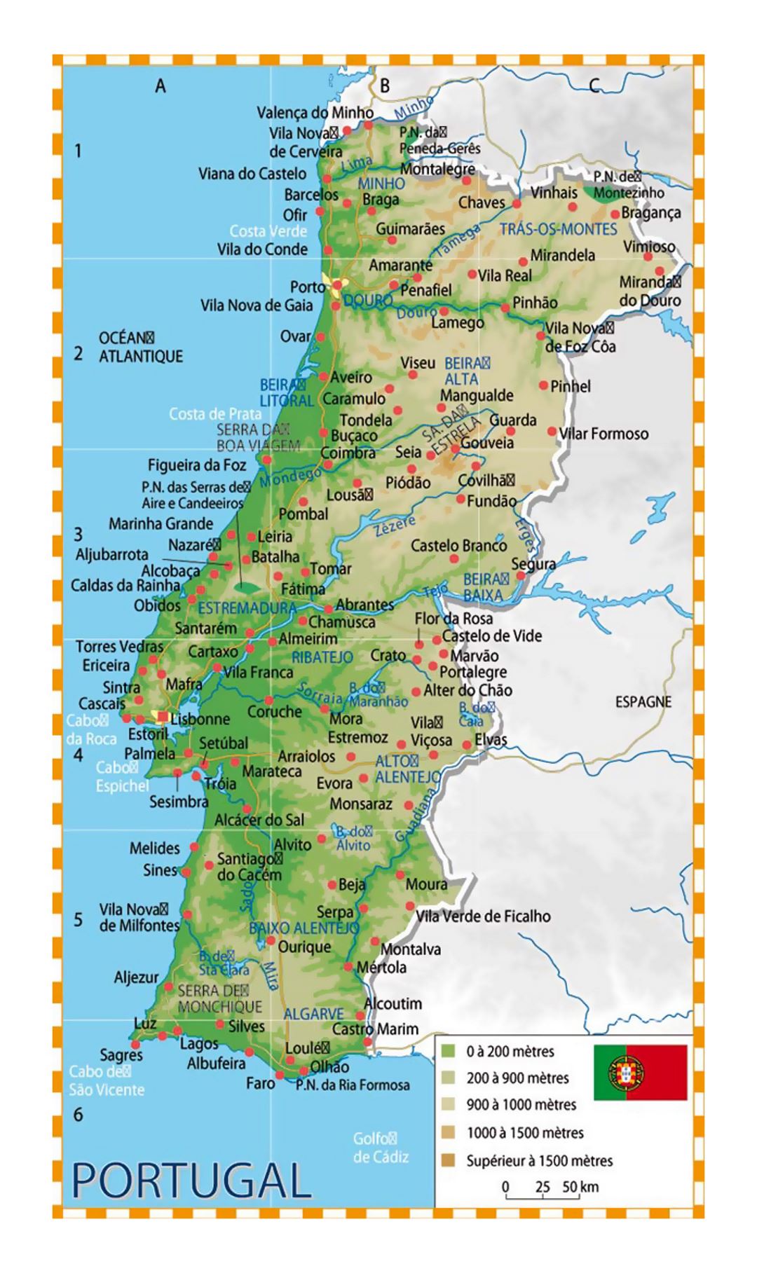 Detailed elevation map of Portugal with cities