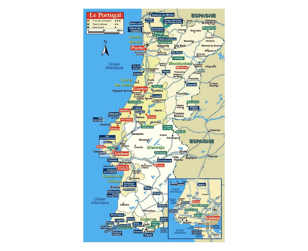 Large detailed road map of Algarve with cities and other marks, Algarve, Portugal, Europe, Mapsland