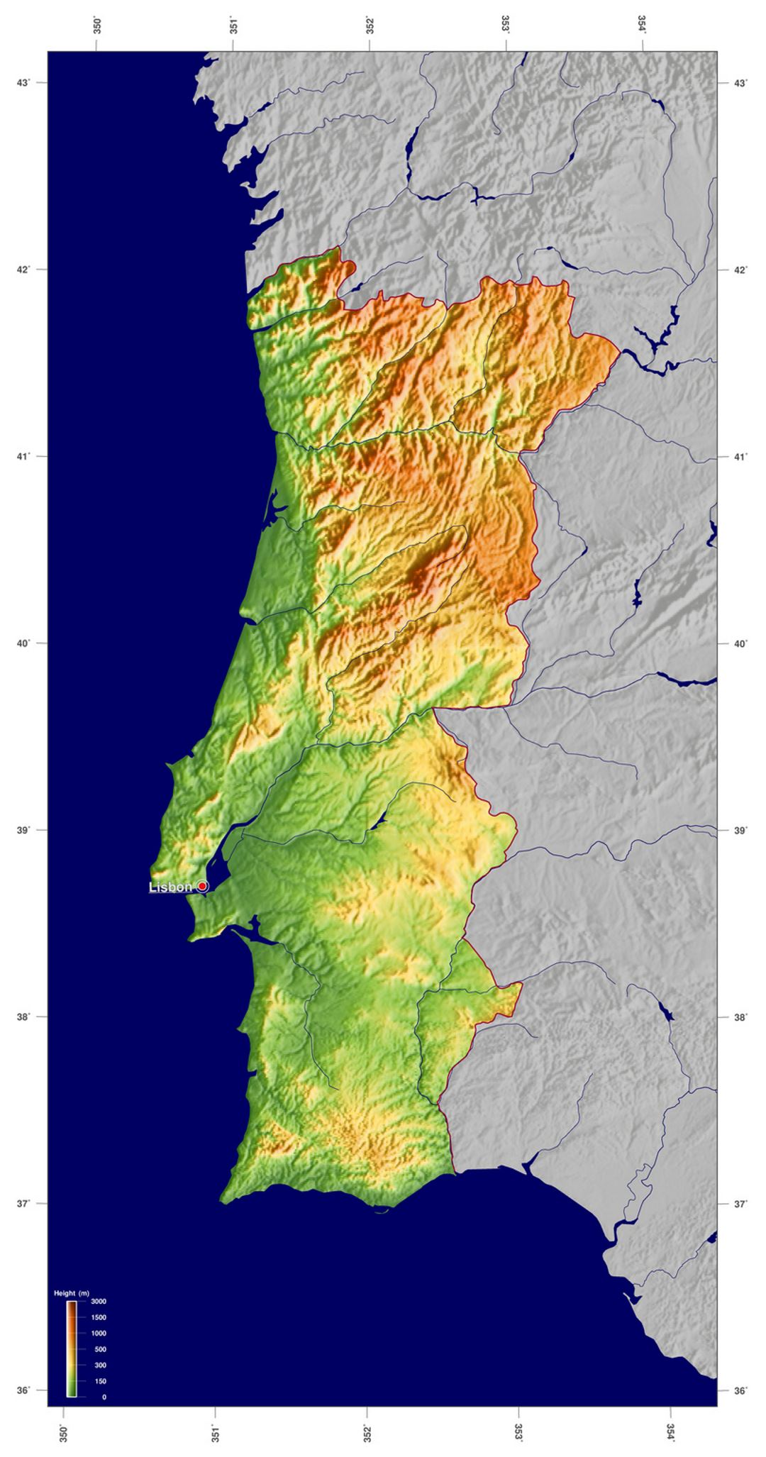 Detailed physical map of Portugal