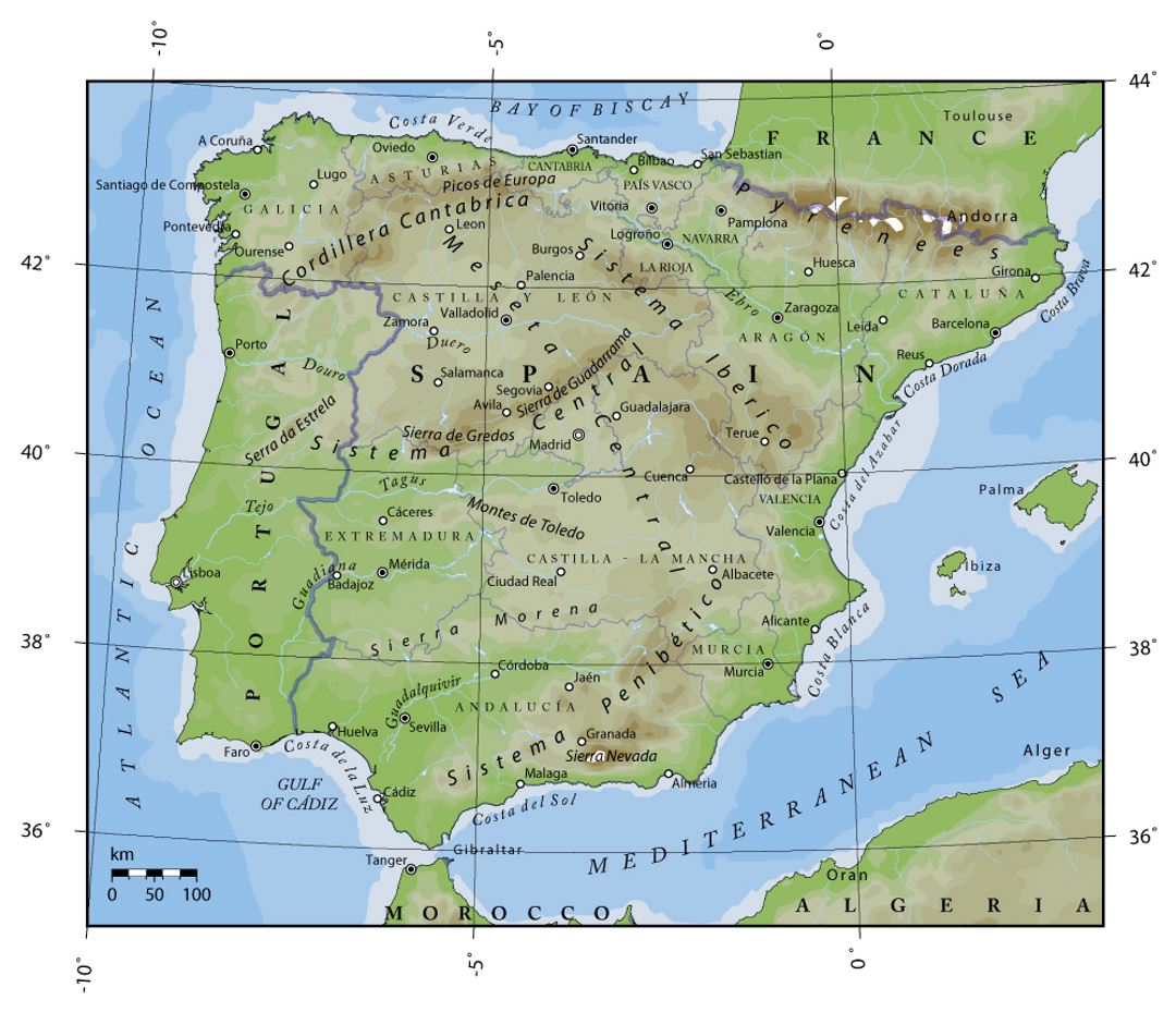 Elevation map of Portugal and Spain