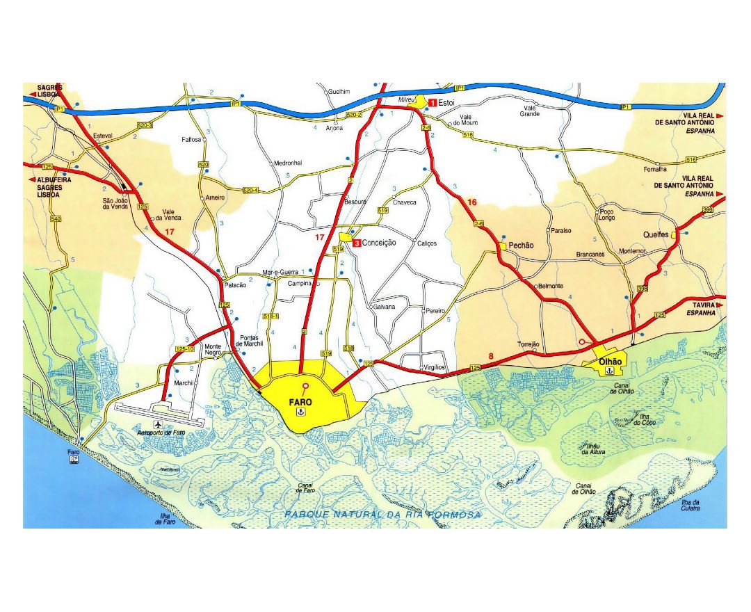 Large detailed road map of Algarve with cities and other marks, Algarve, Portugal, Europe, Mapsland