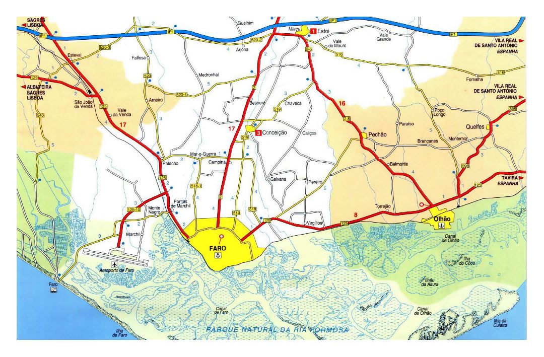 Detailed topographical map of Faro city and its surroundings with other marks