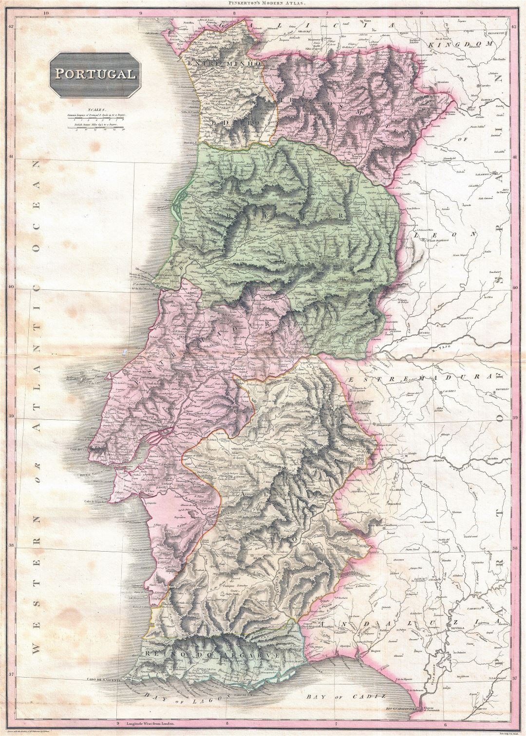 Large detailed old map of Portugal with relief, rivers, administrative divisions, cities, towns and villages - 1818