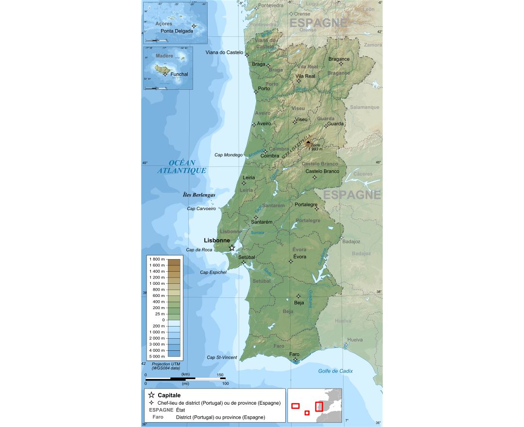 Large physical map of Portugal with roads, cities and airports, Portugal, Europe, Mapsland