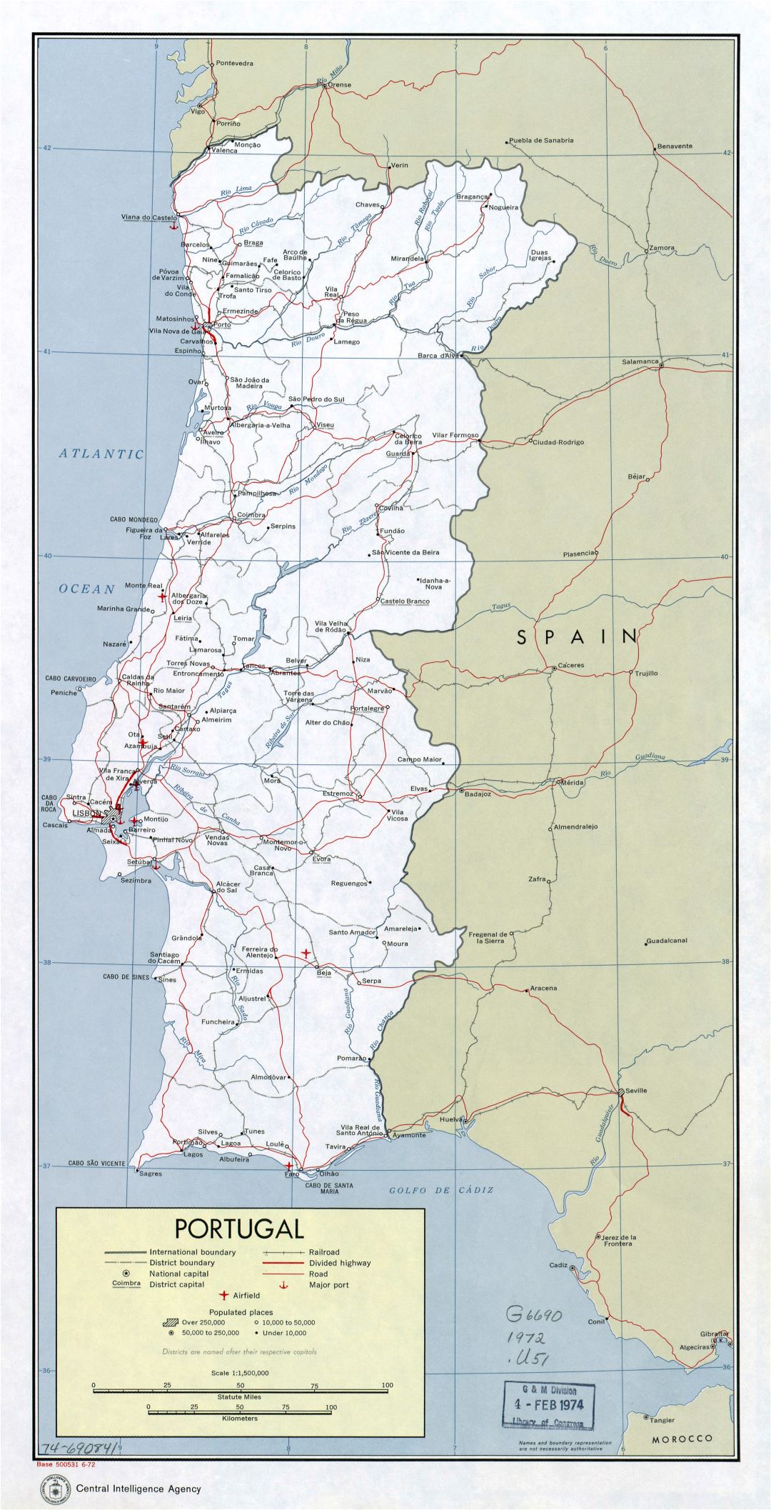 Large detailed political and administrative map of Portugal with roads, railroads, major cities, airports and sea ports - 1972