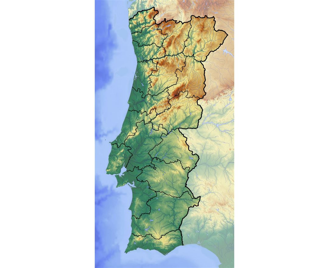 Large tourist map of Portugal with relief, cities and airports, Portugal, Europe, Mapsland