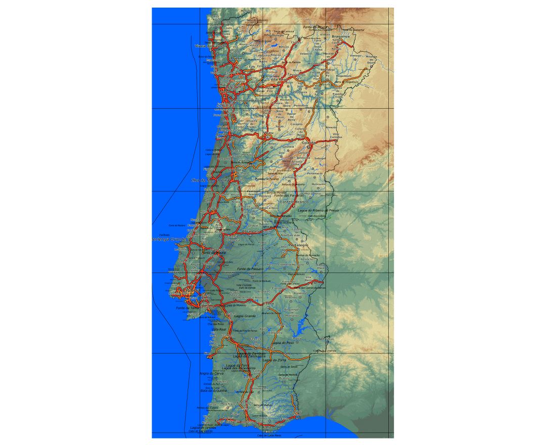 Large physical map of Portugal with roads, cities and airports, Portugal, Europe, Mapsland