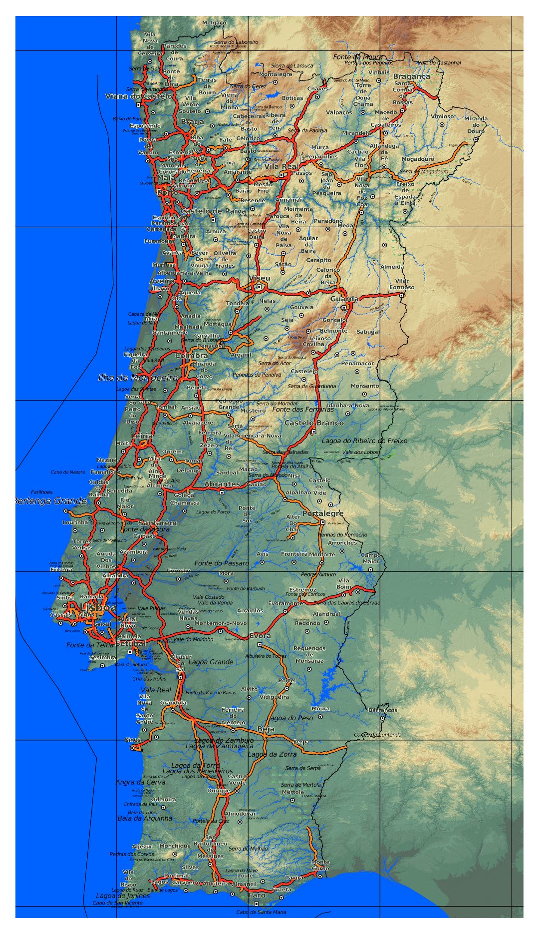 Large detailed roads and highways map of Portugal with cities