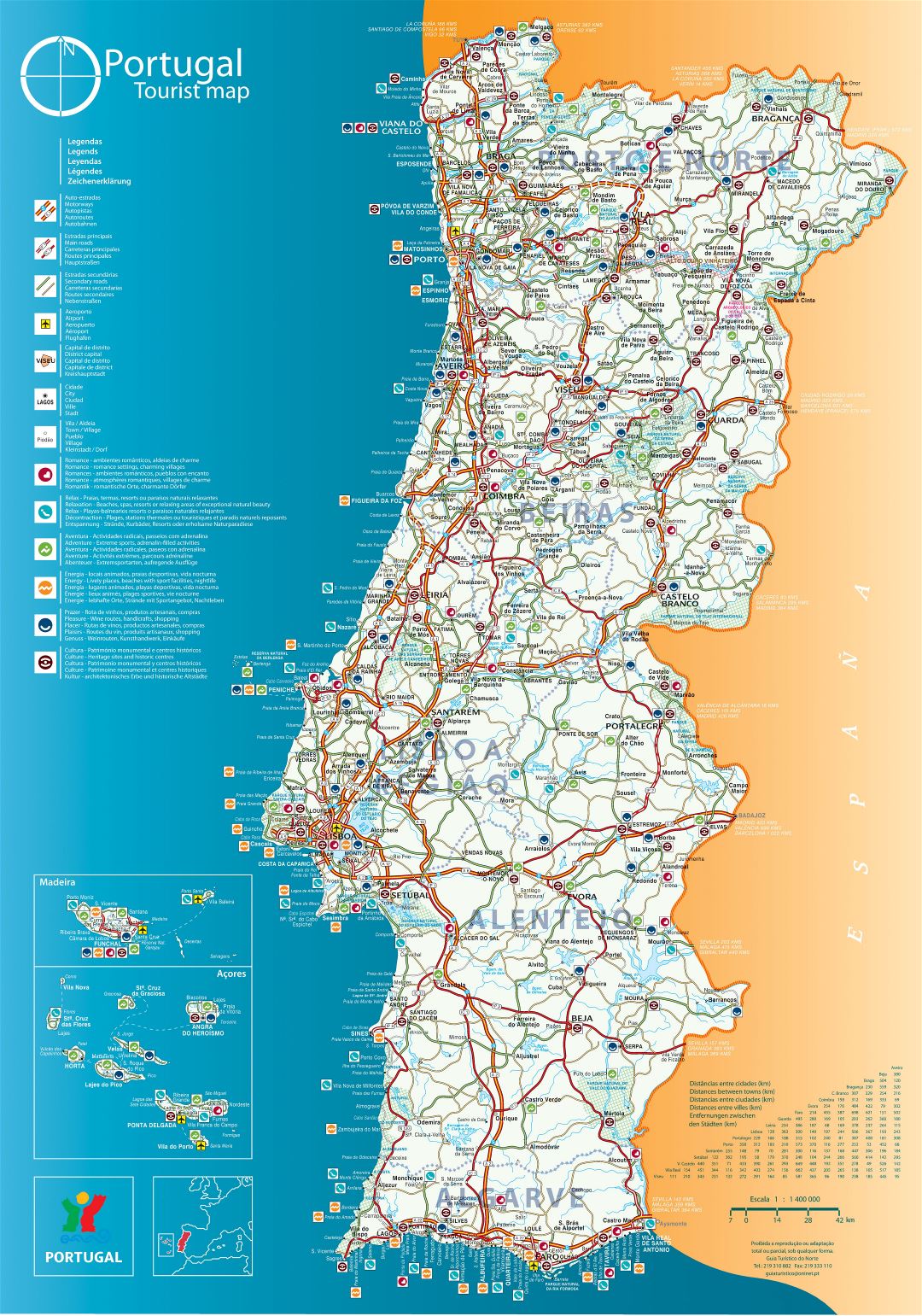 Large detailed tourist map of Portugal