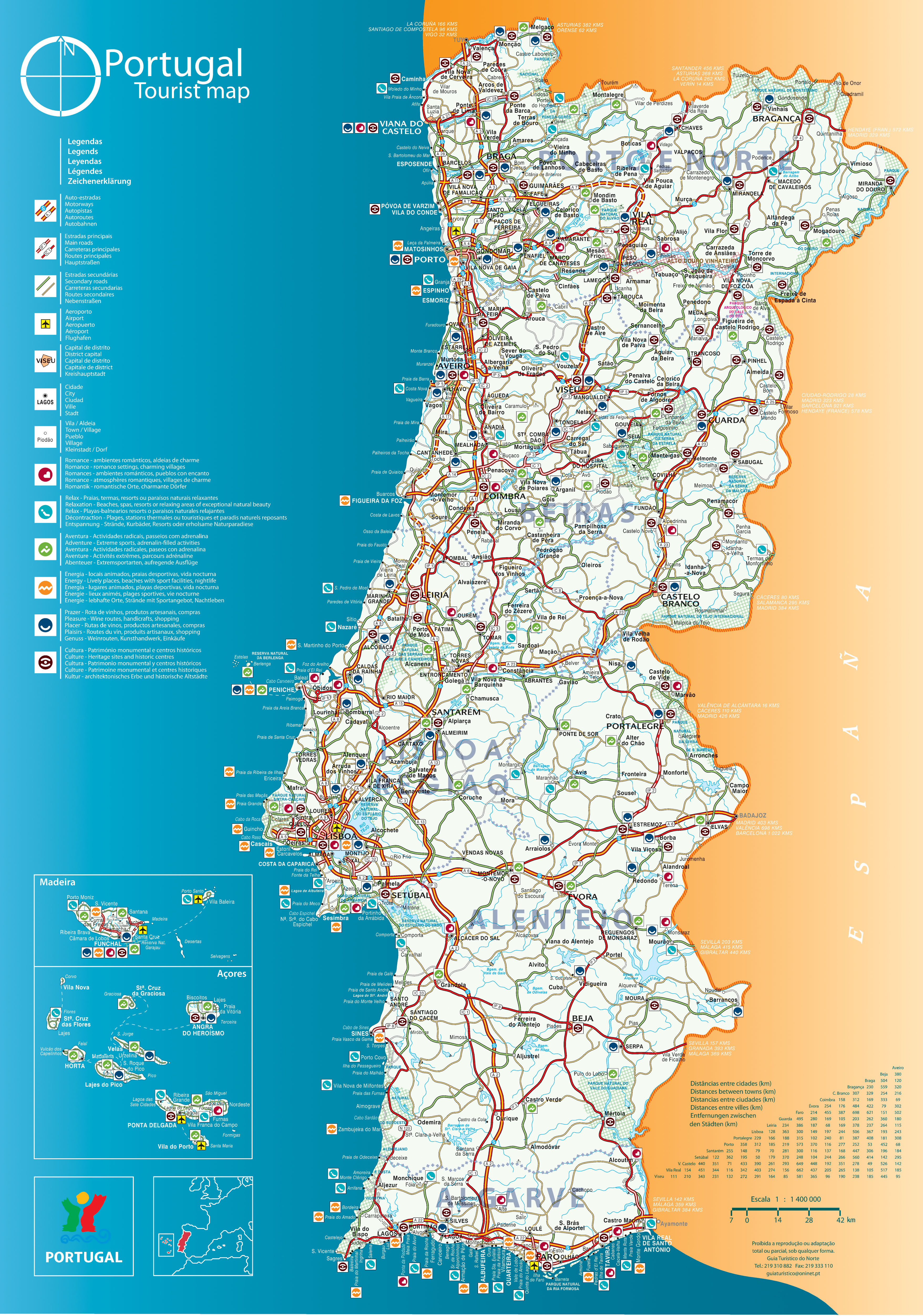 Large tourist map of Portugal with roads and cities, Portugal, Europe, Mapsland