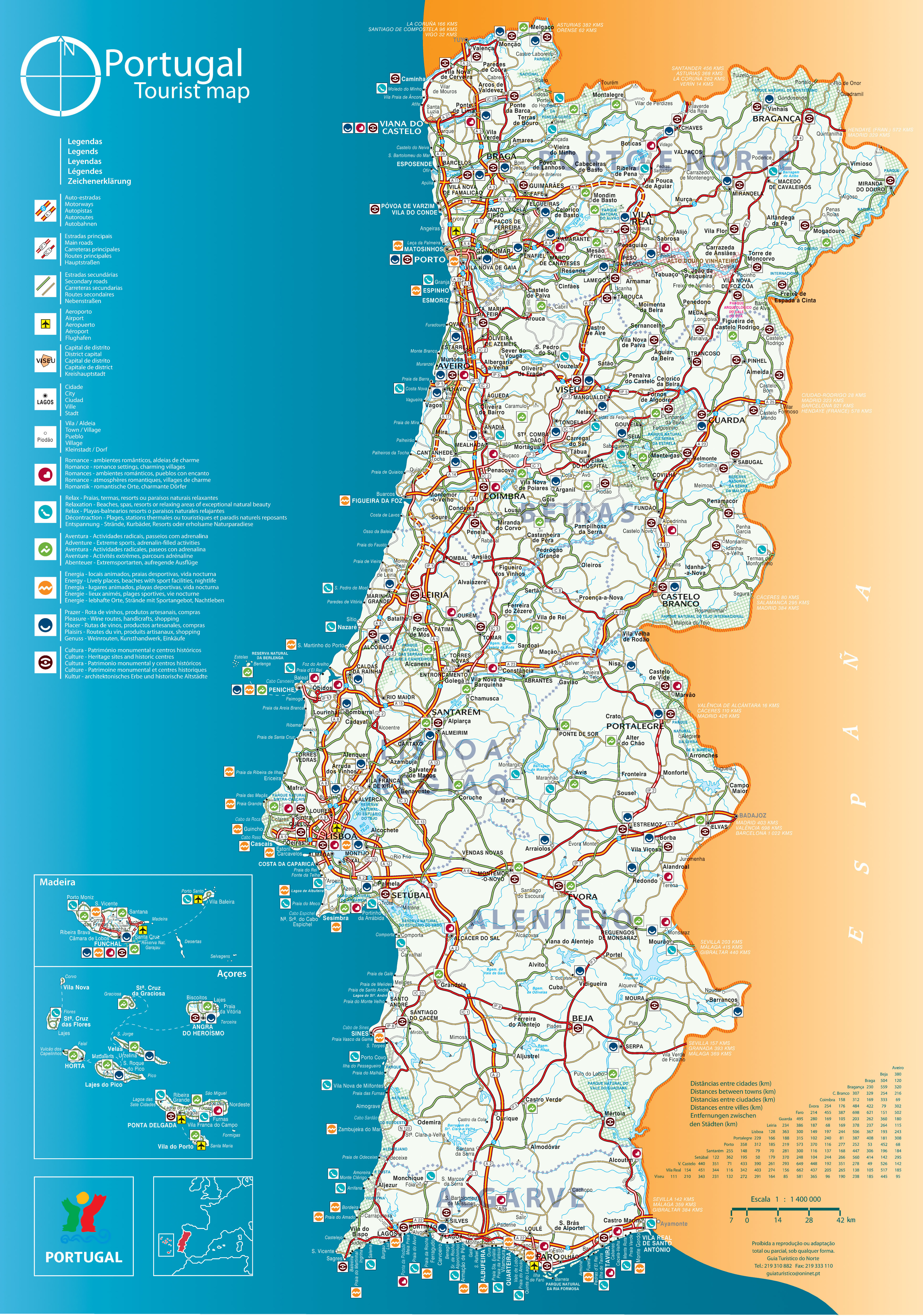 Large tourist map of Portugal with relief, cities and airports, Portugal, Europe, Mapsland