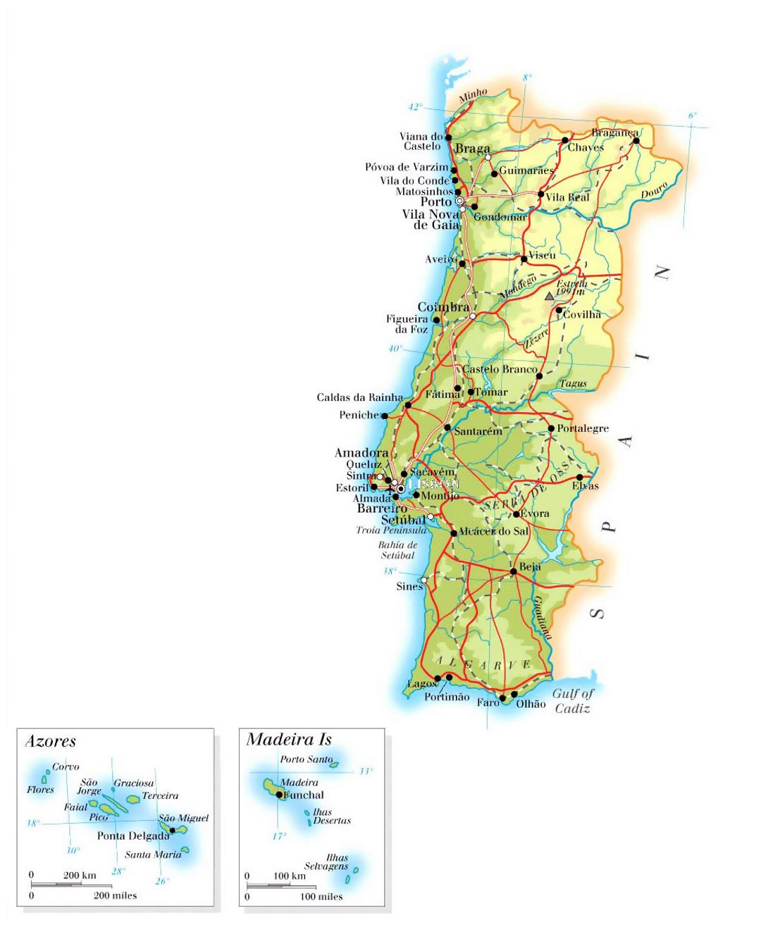 Large elevation map of Portugal with roads, cities and airports