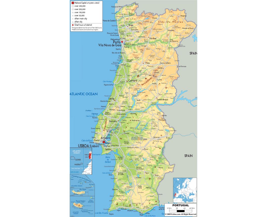 Large tourist map of Portugal, Portugal, Europe, Mapsland