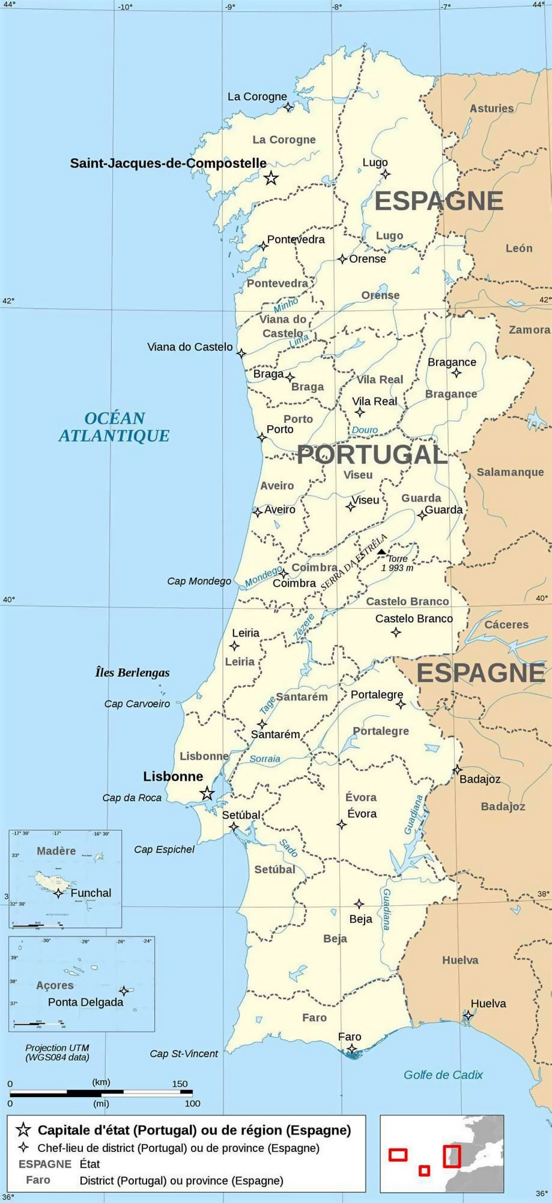 Large political and administrative map of Portugal with roads, cities and  airports, Portugal, Europe, Mapsland