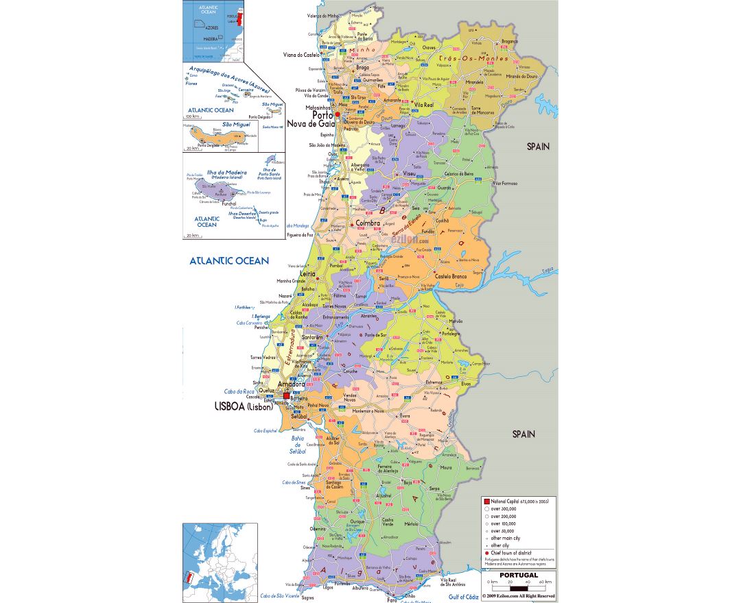 Large tourist map of Portugal with roads and cities, Portugal, Europe, Mapsland