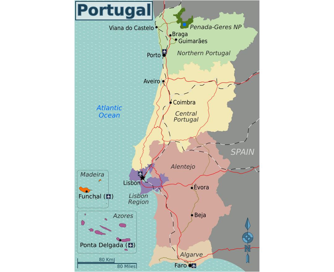 Large tourist map of Portugal with roads and cities, Portugal, Europe, Mapsland