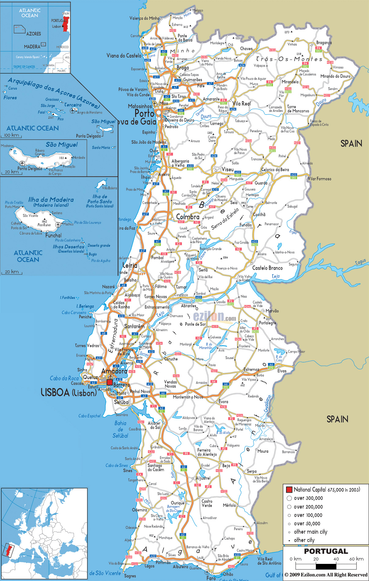 Large political and administrative map of Portugal with roads, cities and  airports, Portugal, Europe, Mapsland