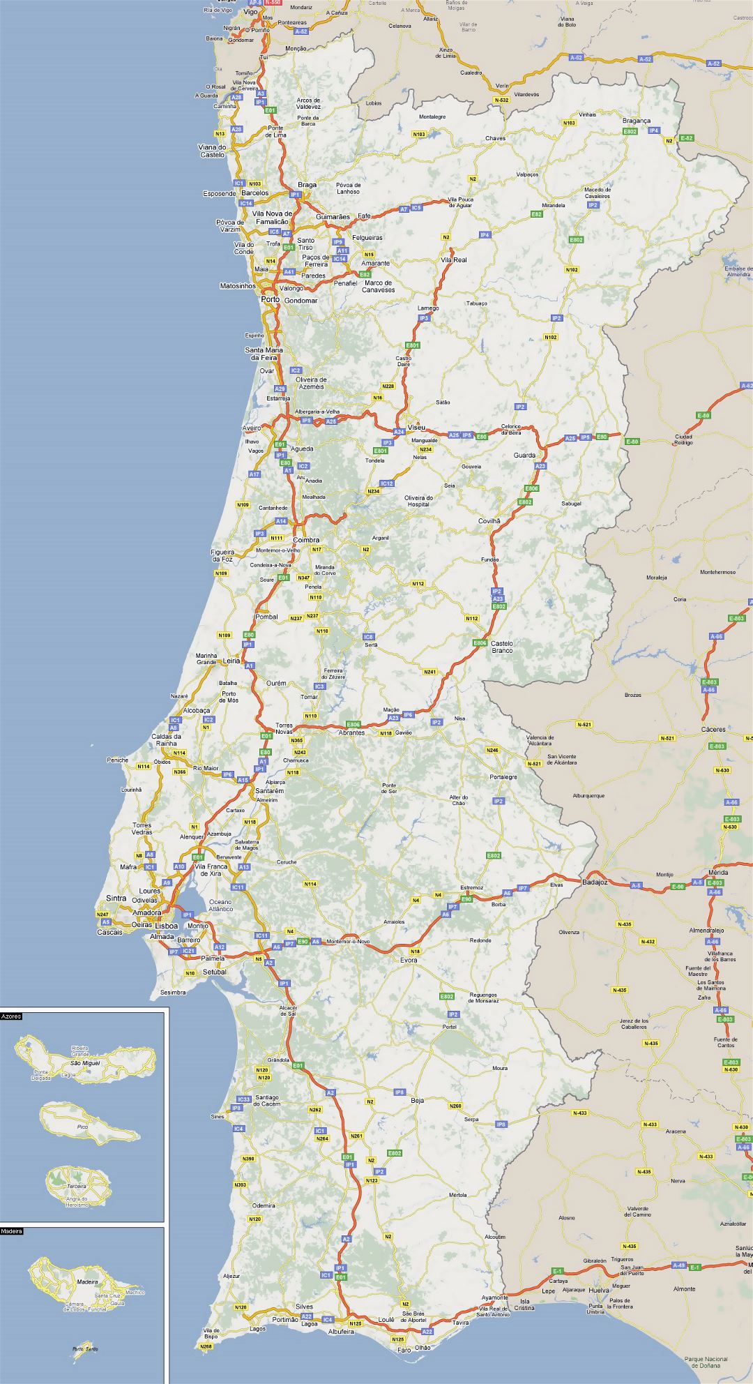 Large road map of Portugal with cities