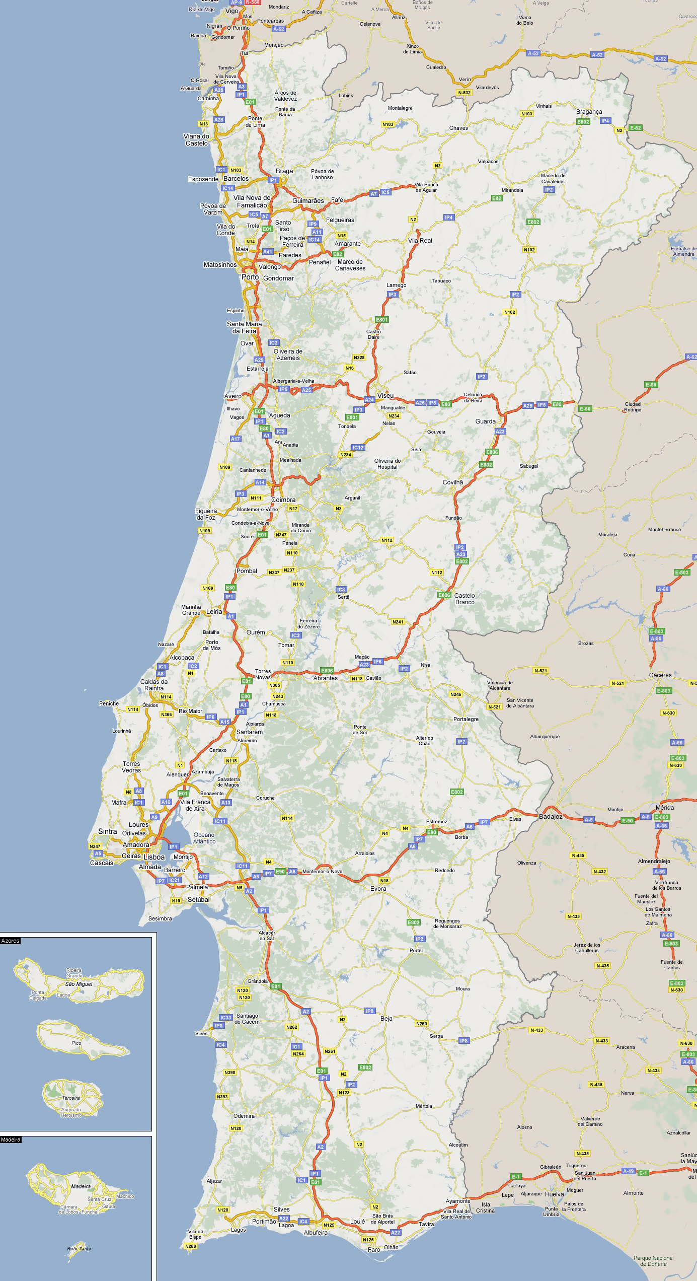 Large road map of Portugal with cities, Portugal, Europe, Mapsland