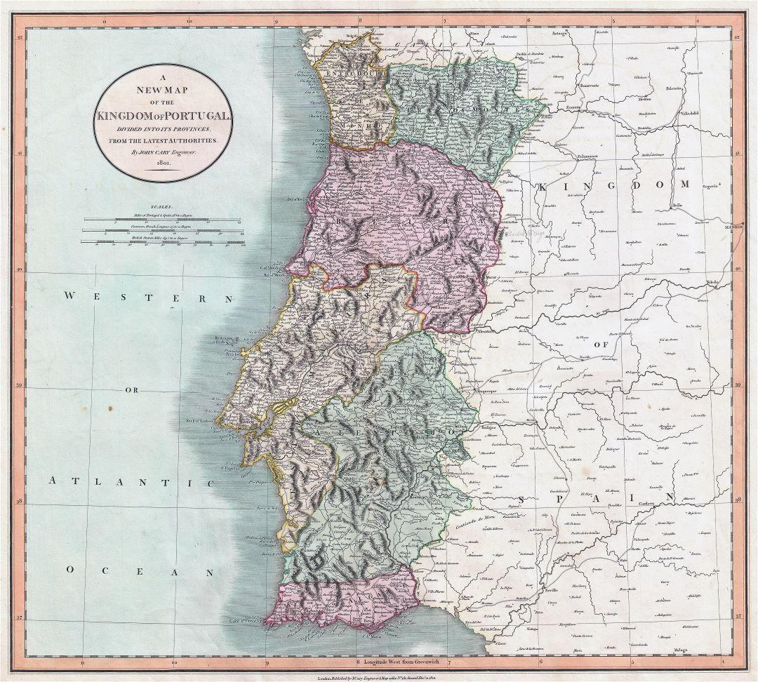 Large scale old political and administrative map of Portugal with relief, roads and cities - 1801