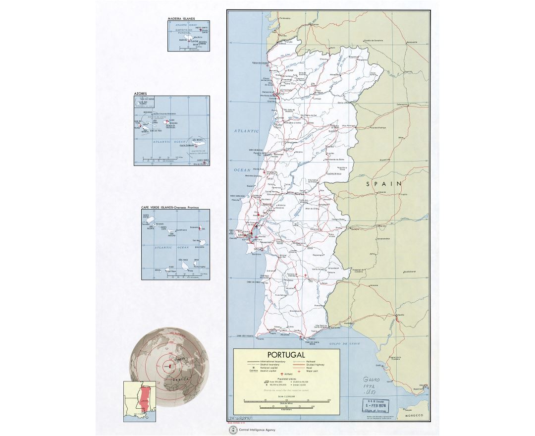 Large tourist map of Portugal with relief, cities and airports, Portugal, Europe, Mapsland