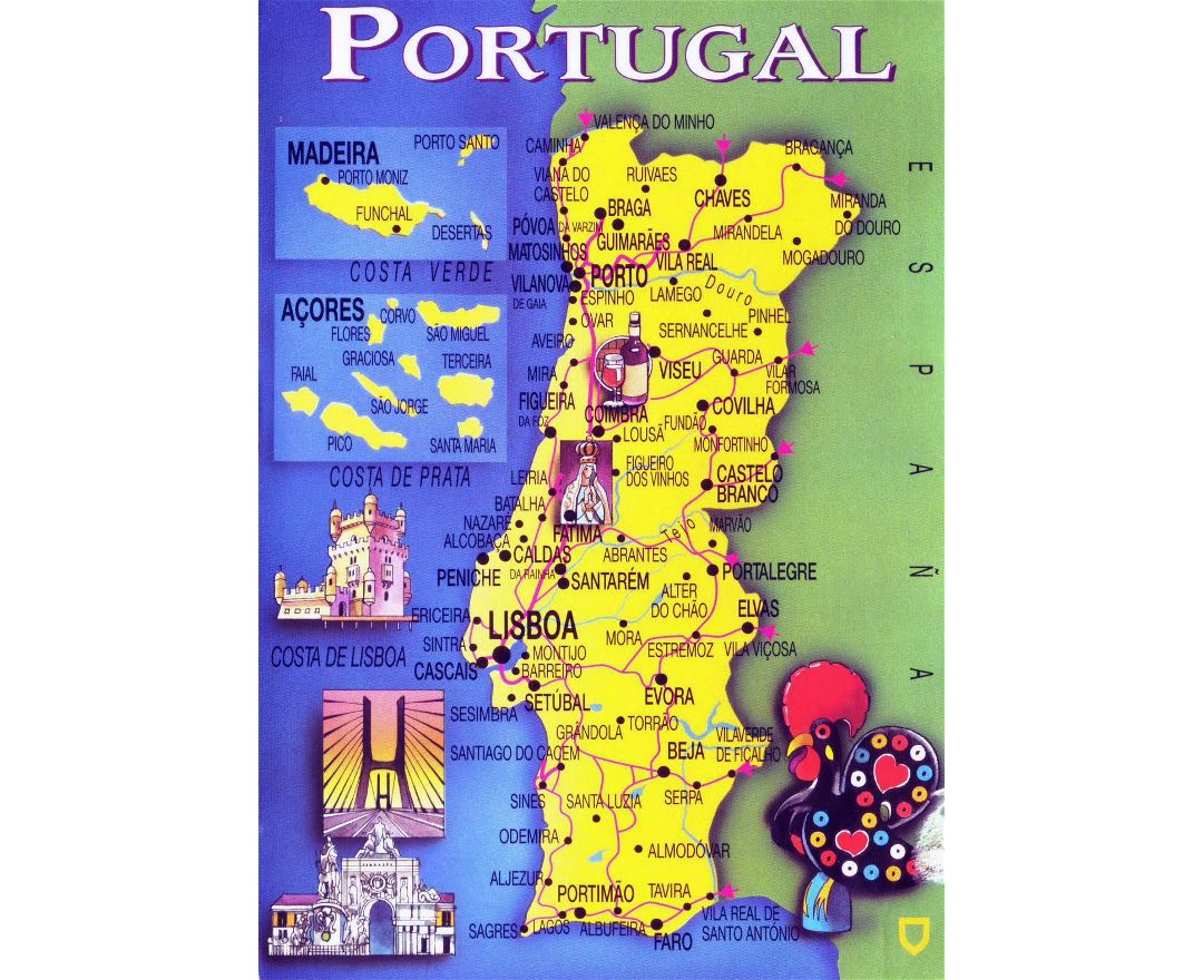 Large physical map of Portugal with roads, cities and airports, Portugal, Europe, Mapsland