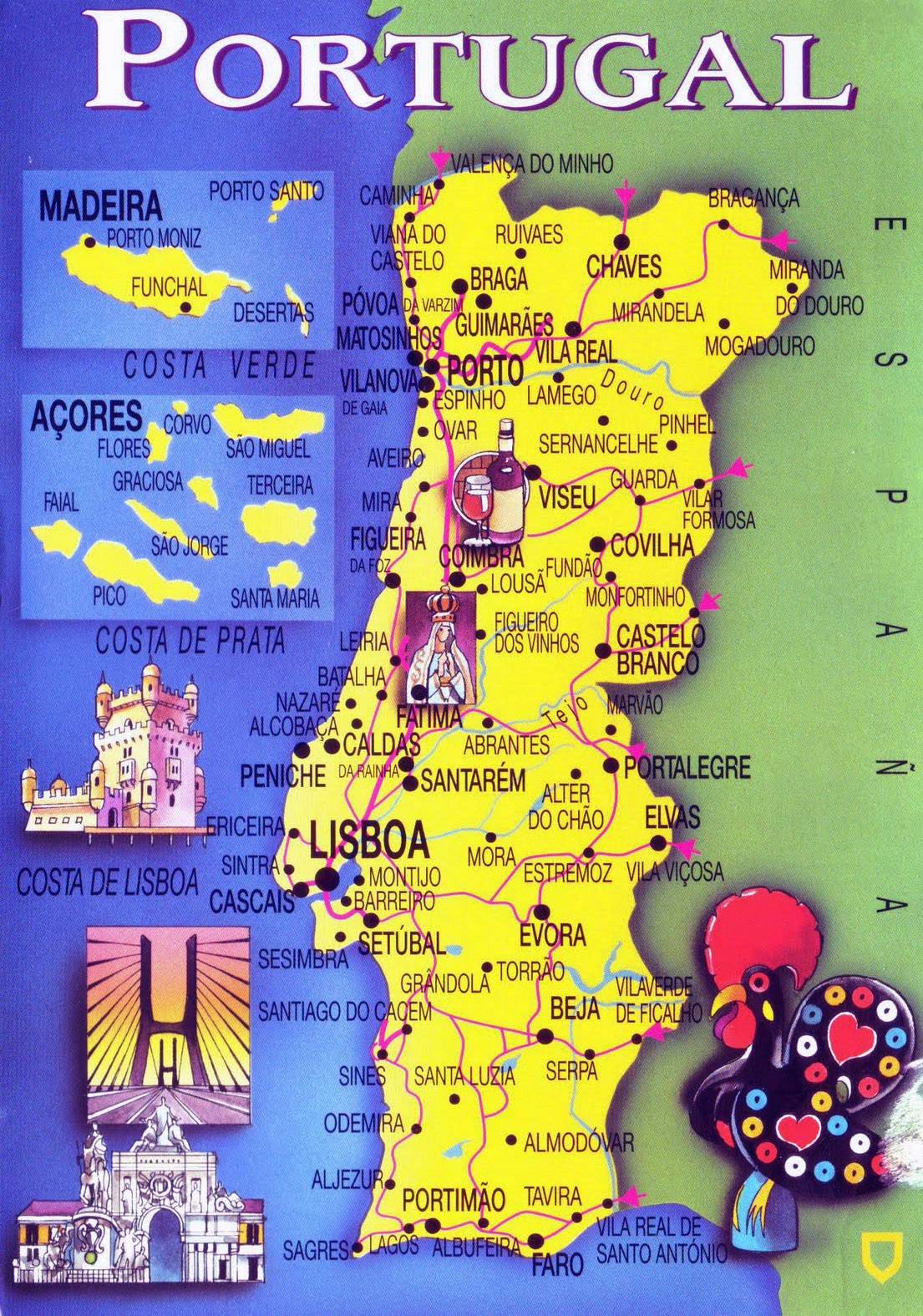 Large tourist map of Portugal, Portugal, Europe, Mapsland