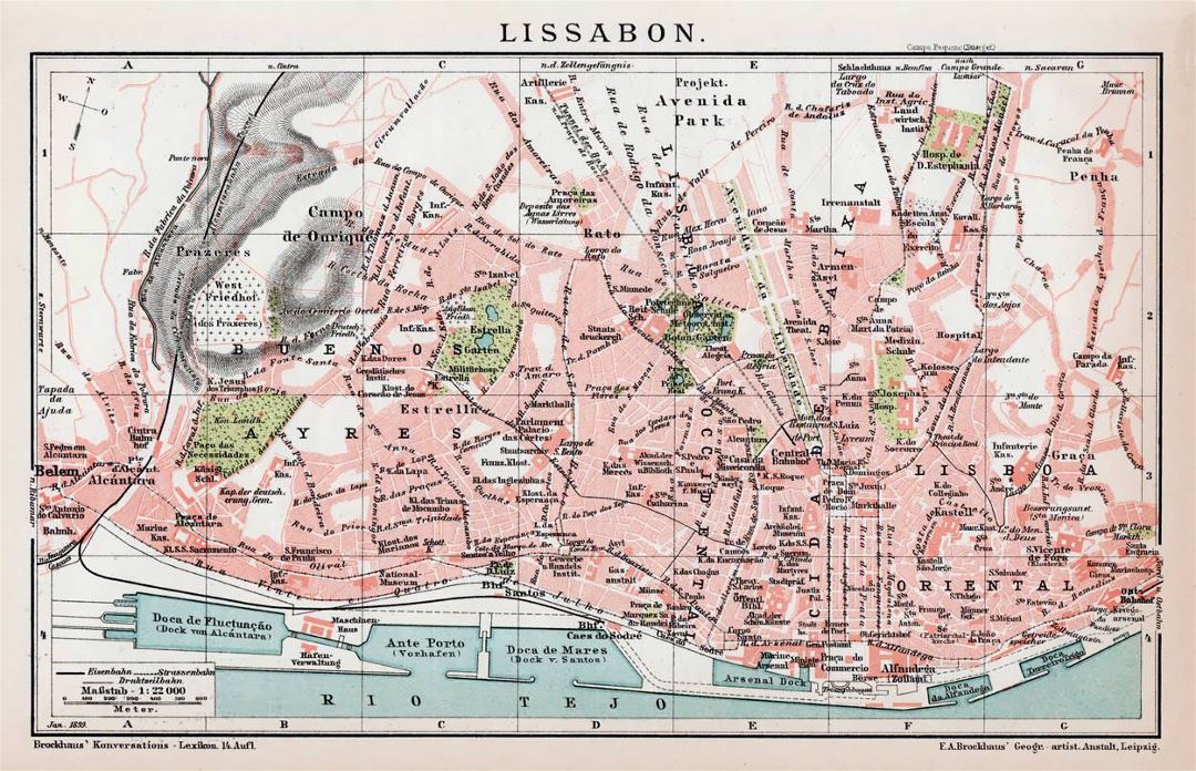 Detailed old map of Lisbon city - 1892