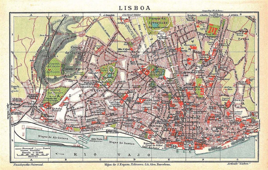 Detailed old map of Lisbon city
