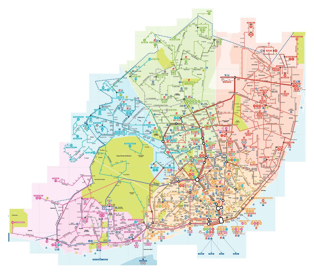 Large detailed public transport map of Lisbon