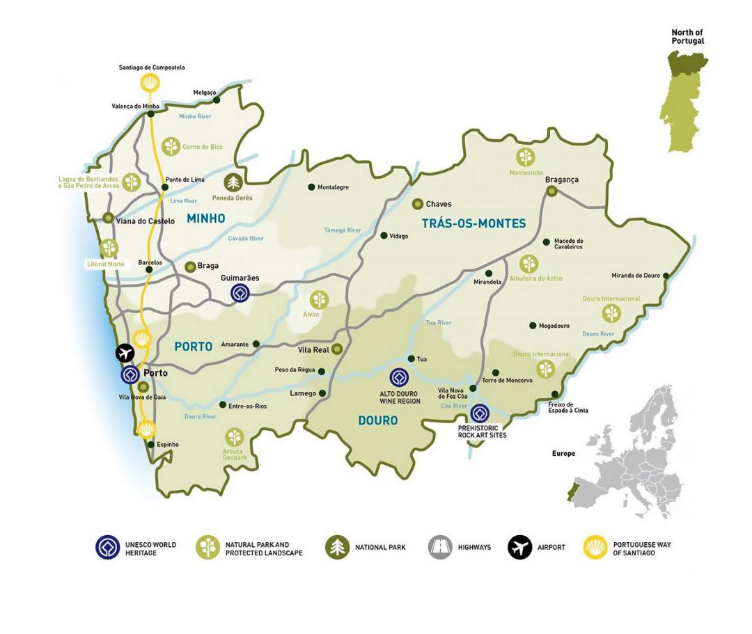 Detailed map of Northern Portugal with UNESCO points, natural parks and protected landscapes, national parks, highways, airports and other