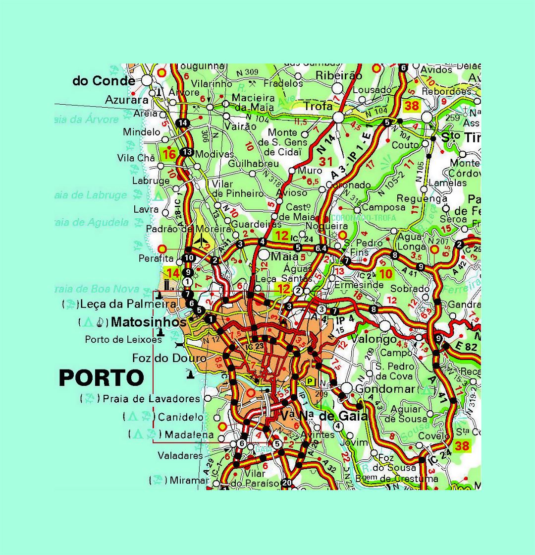 Detailed highways map of Porto city and its surroundings with other marks