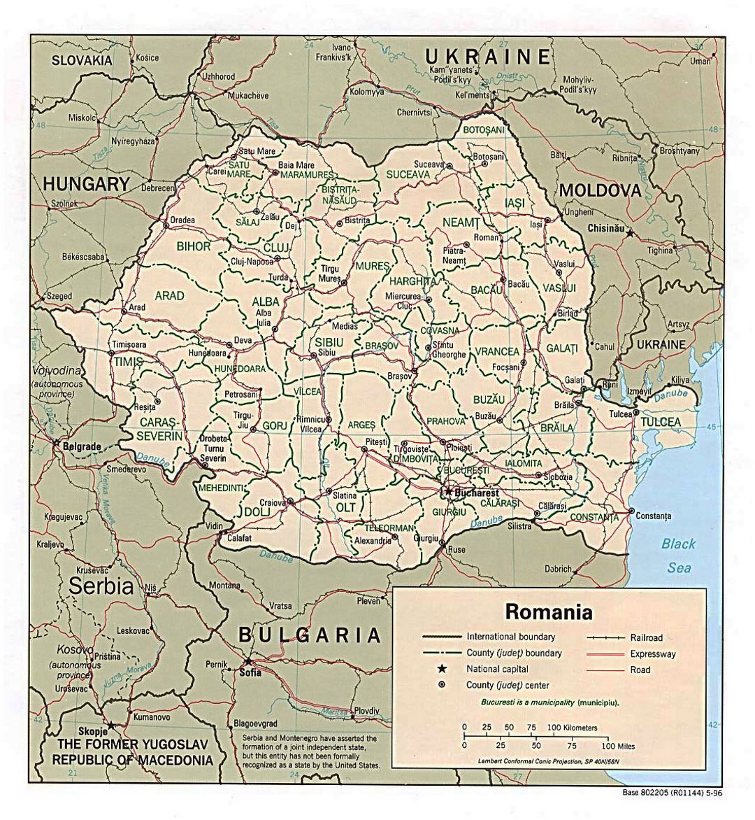 Detailed political and administrative map of Romania with roads, railroads and major cities - 1996