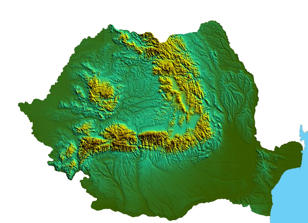 Detailed relief map of Romania