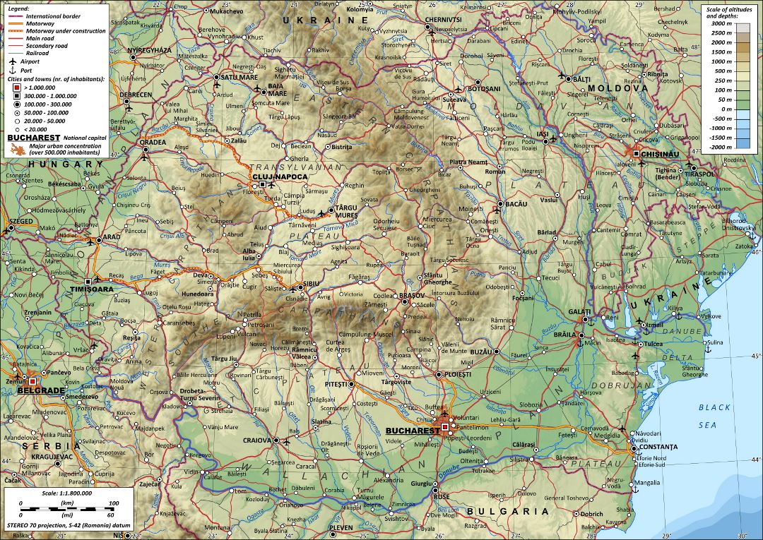 Large detailed physical map of Romania with roads, cities and airports