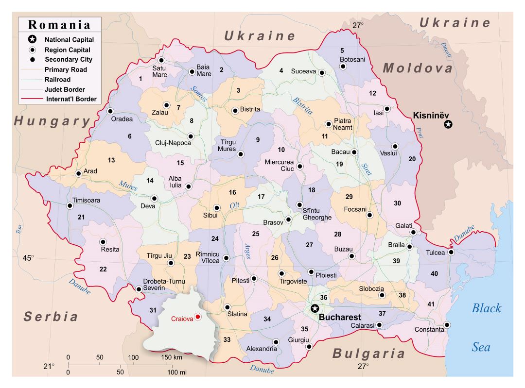 Large detailed political and administrative map of Romania with major cities