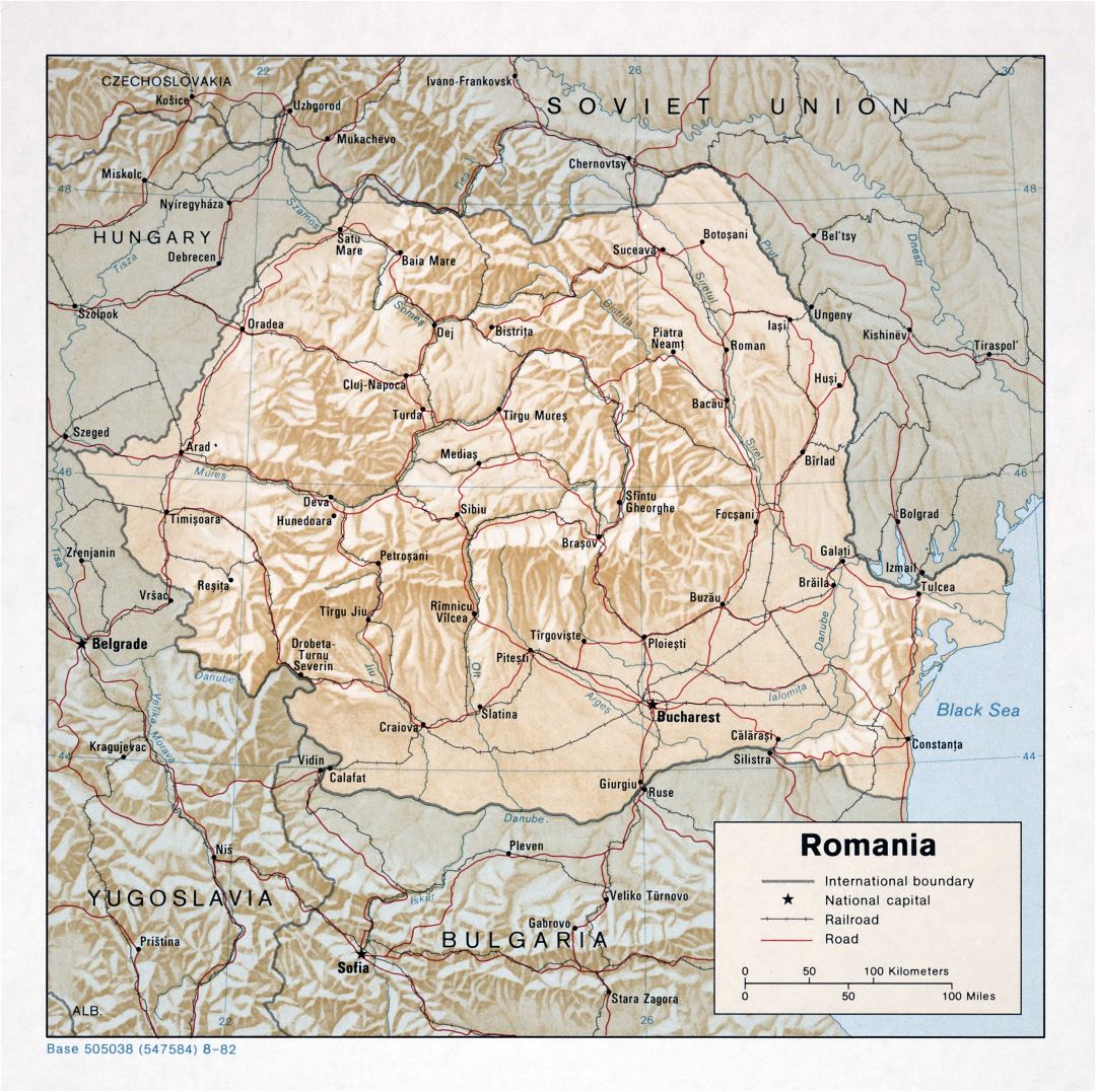 Large detailed political and administrative map of Romania with relief, roads, railroads and major cities - 1982