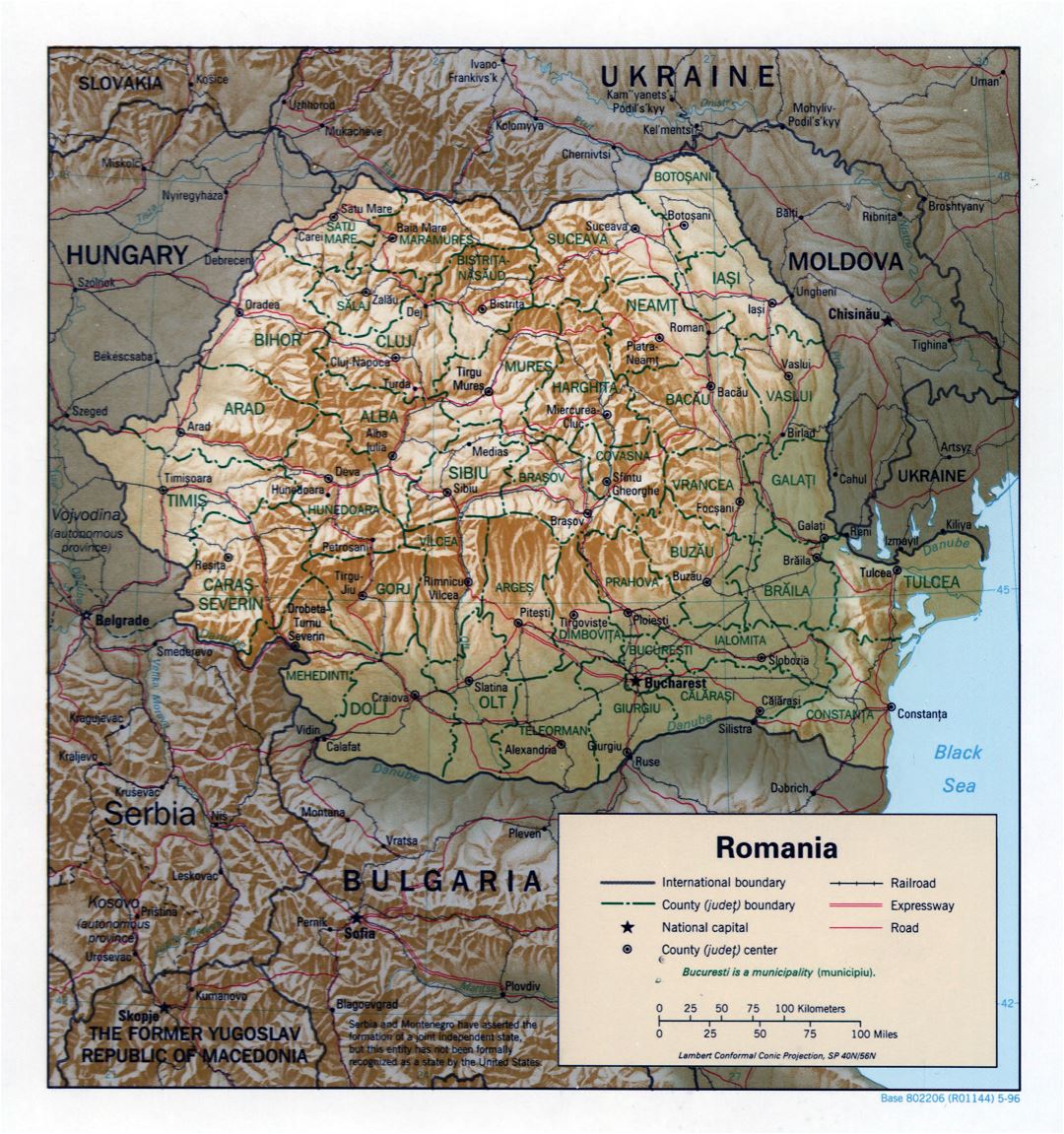 Large detailed political and administrative map of Romania with relief, roads, railroads and major cities - 1996