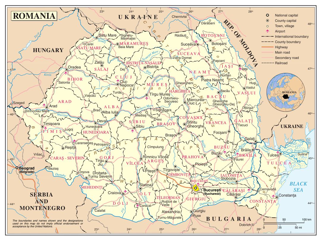 Large detailed political and administrative map of Romania with roads, railroads, major cities and airports