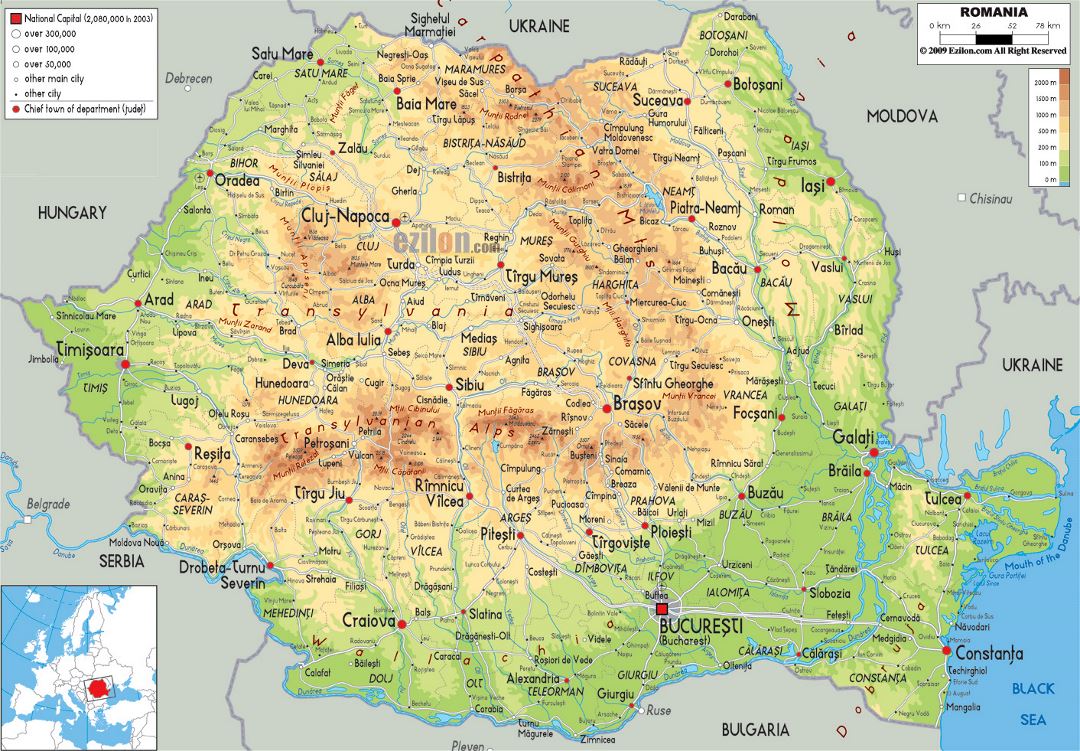 Large physical map of Romania with roads, cities and airports
