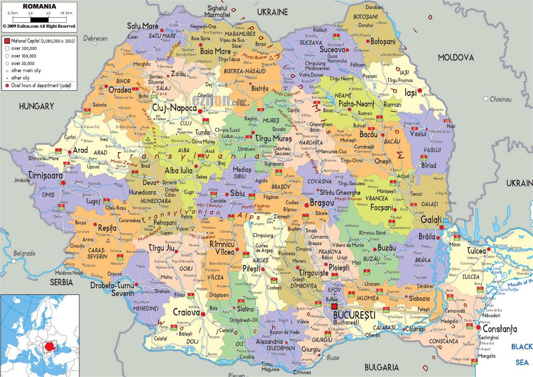 Large political and administrative map of Romania with roads, cities and airports