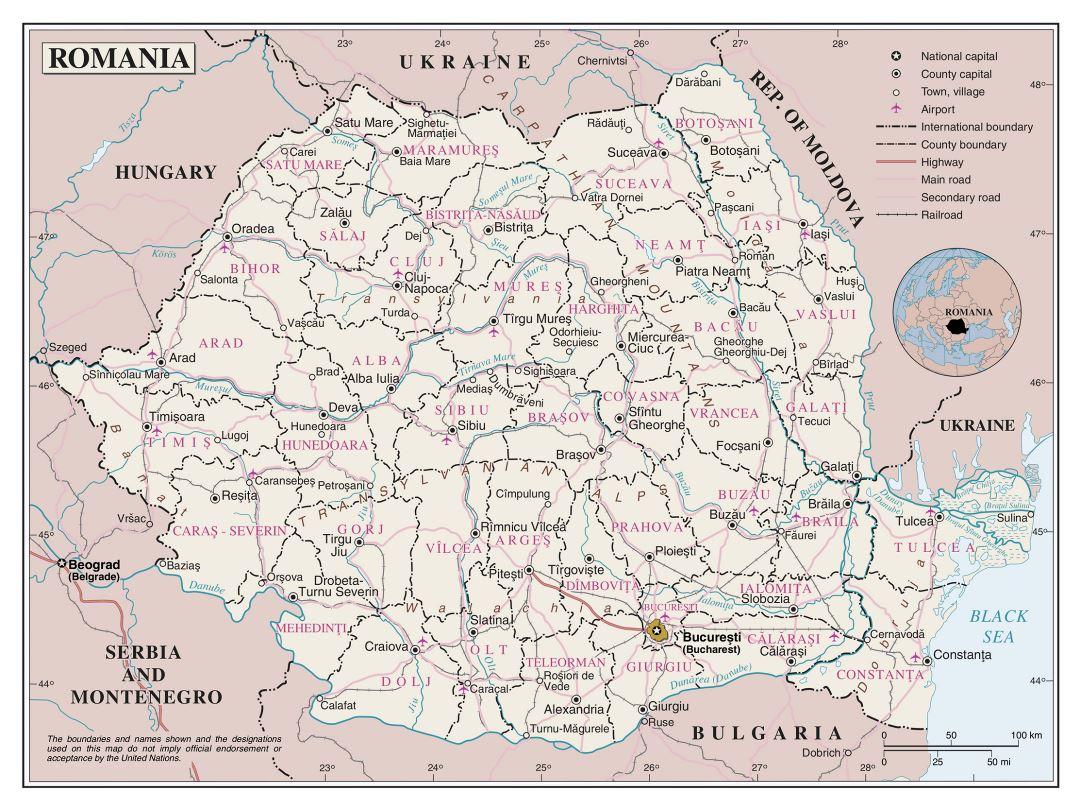 Large political and administrative map of Romania with roads, railroads, major cities and airports