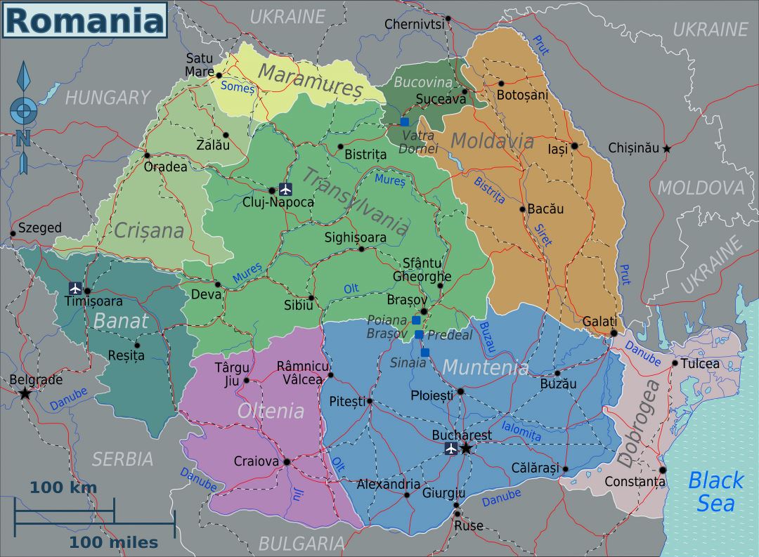 Large regions map of Romania